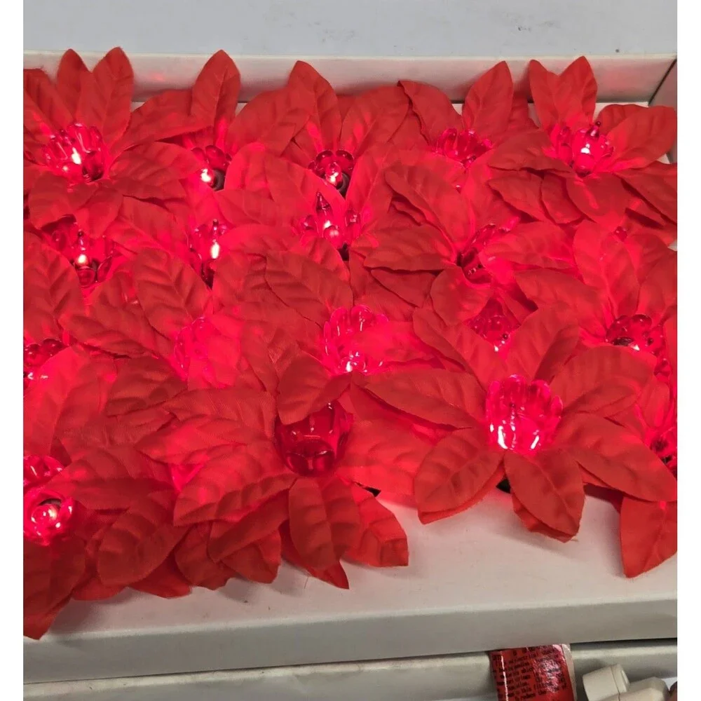 VTG Trim A Home 20 Silk Poinsettia Christmas String Light Set Works Retro